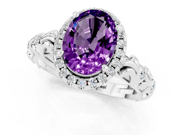 Platinum Oval Cut Amethyst Halo Ring with Filigree Band and Prong Setting
