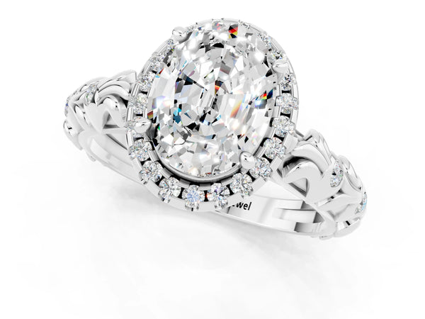 White gold Oval Cut Moissanite Halo Ring with Filigree Band and Prong Setting