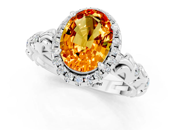 Silver Oval Cut Citrine Halo Ring with Filigree Band and Prong Setting