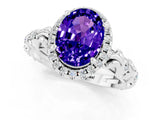 White gold Oval Cut Halo Diamond Solitaire with Filigree Band and Four-Prong Setting_1