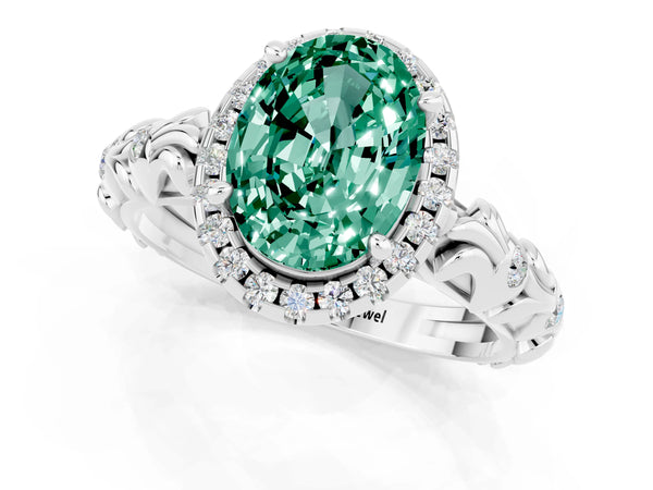 Platinum Oval Cut Green Sapphire Halo Ring with Filigree Band and Prong Setting