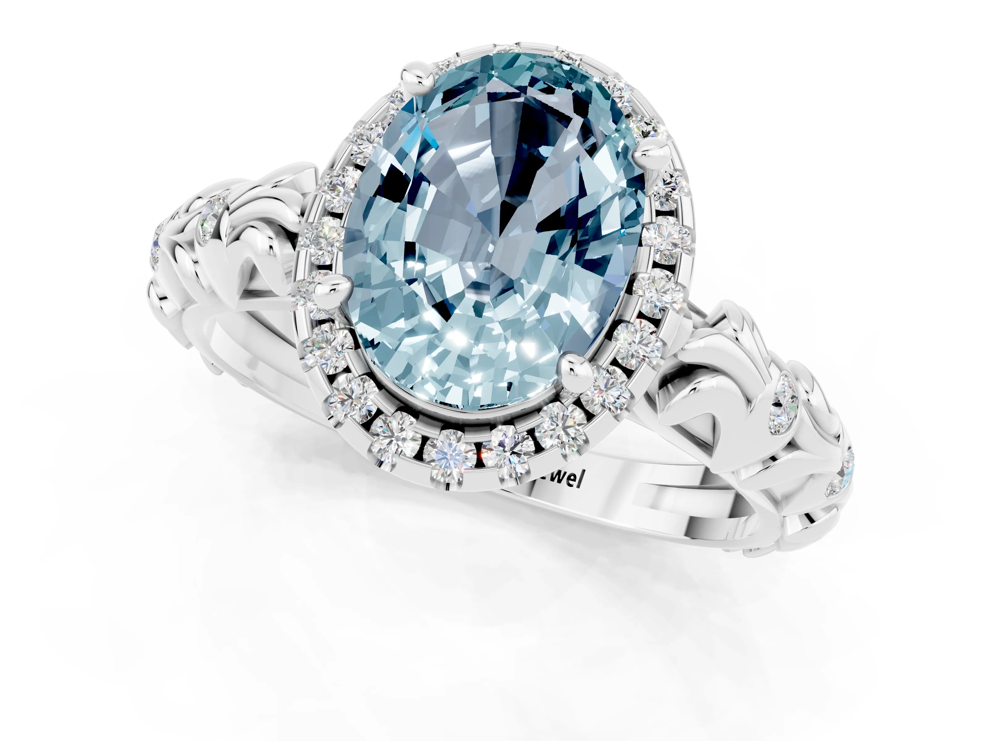White gold Oval Cut Halo Diamond Solitaire with Filigree Band and Four-Prong Setting_1