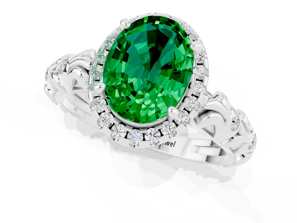 White gold Oval Cut Emerald Halo Ring with Filigree Band and Prong Setting