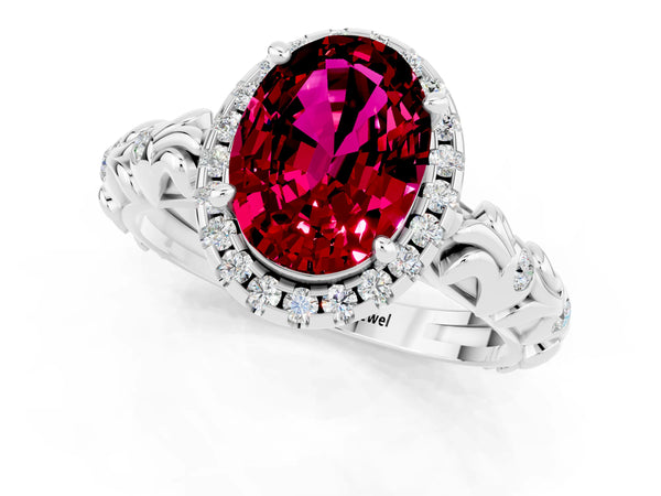 Platinum Oval Cut Garnet Halo Ring with Filigree Band and Prong Setting