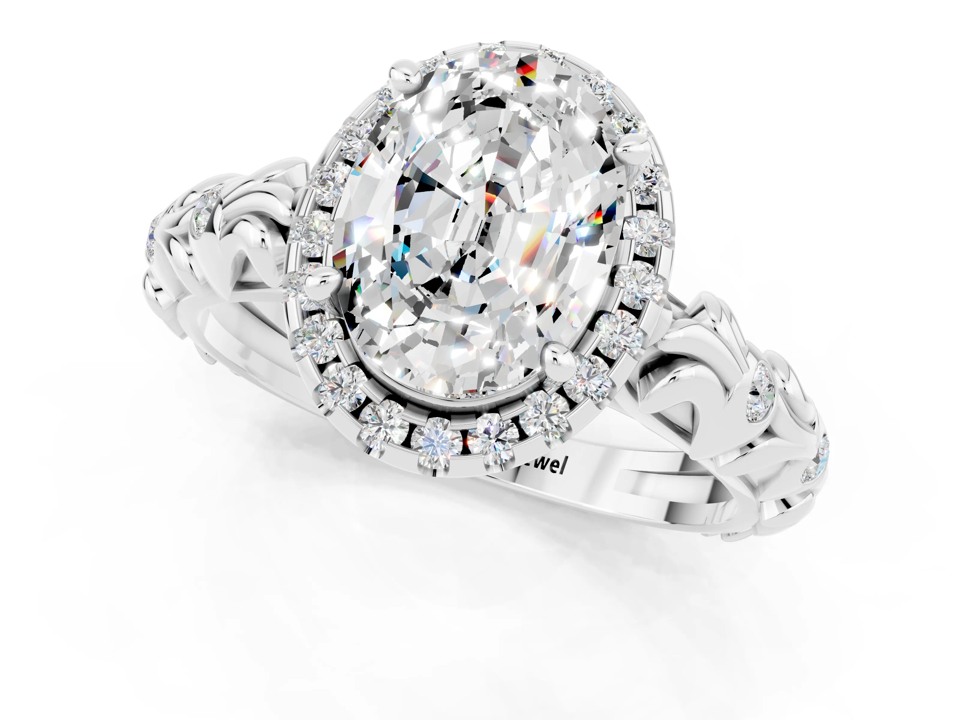 White gold Oval Cut Halo Diamond Solitaire with Filigree Band and Four-Prong Setting_1