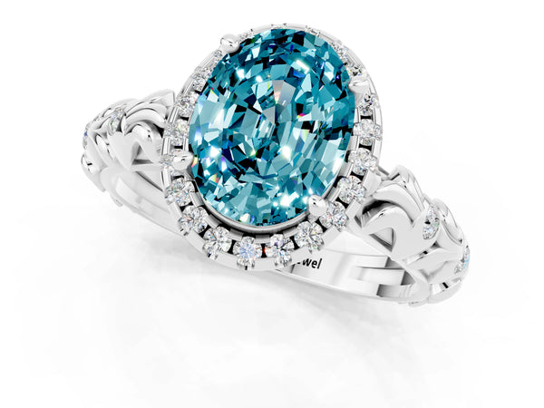 Silver Oval Cut Halo Diamond Solitaire with Filigree Band and Four-Prong Setting