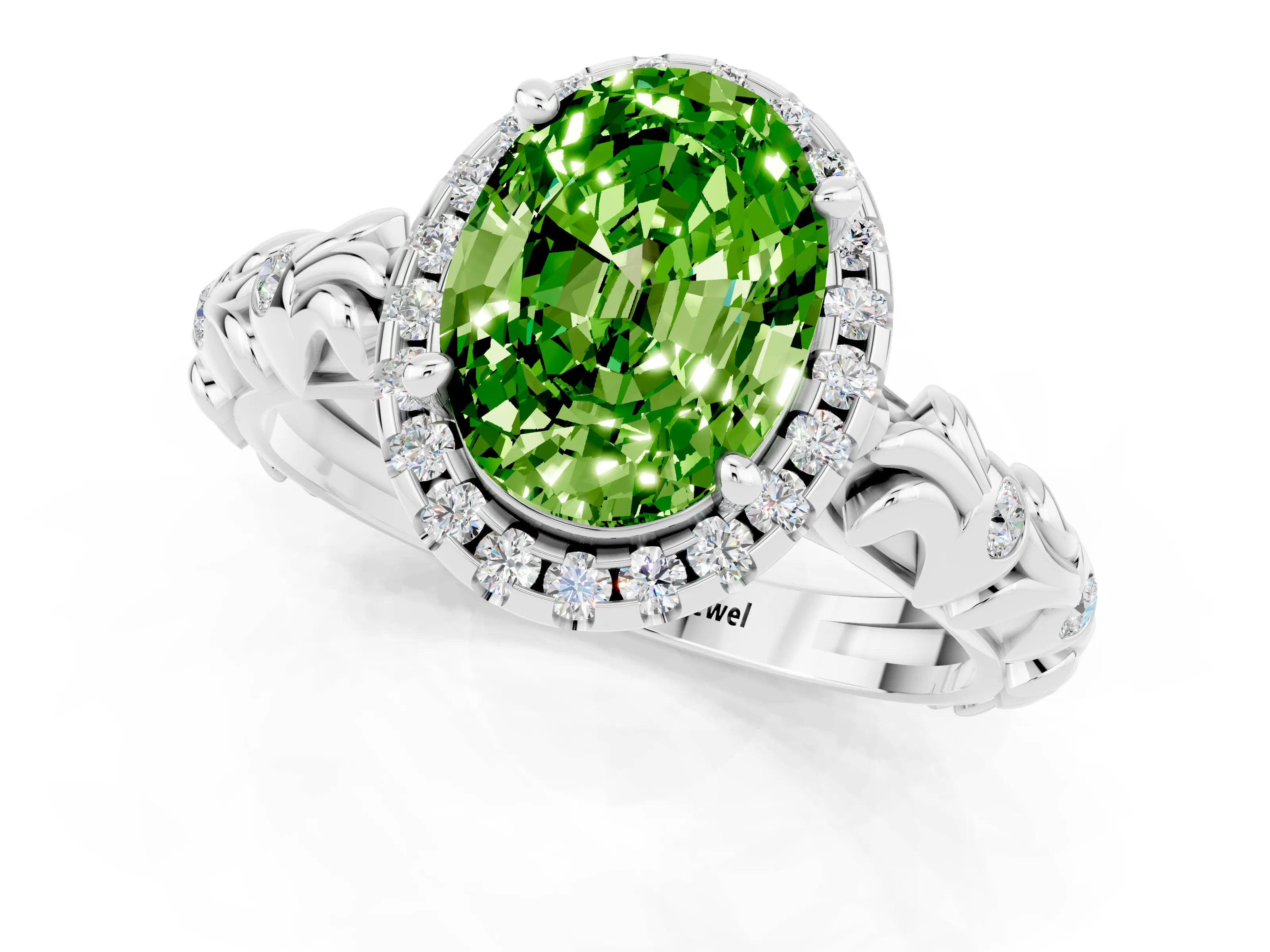 White gold Oval Cut Halo Diamond Solitaire with Filigree Band and Four-Prong Setting_1