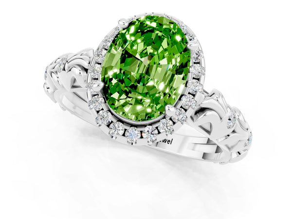 Platinum Oval Cut Peridot Halo Ring with Filigree Band and Prong Setting