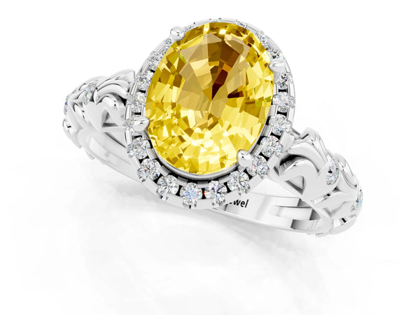 White gold Oval Cut Yellow Sapphire Halo Ring with Filigree Band and Prong Setting