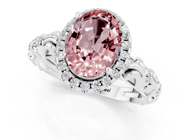 Platinum Oval Cut Halo Diamond Solitaire with Filigree Band and Four-Prong Setting