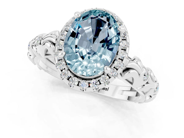 Platinum Oval Cut Aquamarine Halo Ring with Filigree Band and Prong Setting