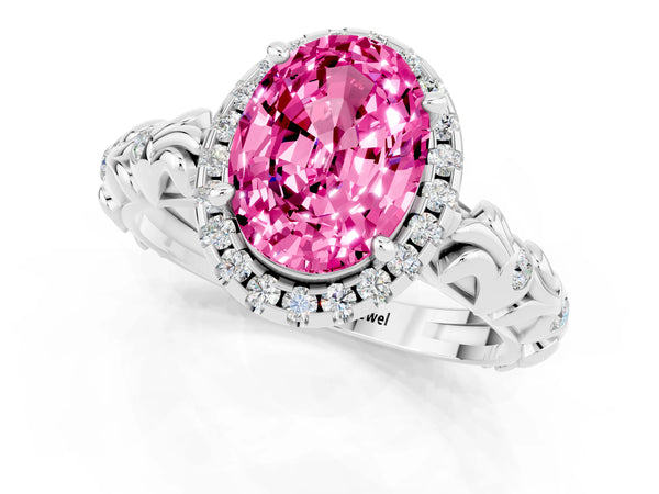 Platinum Oval Cut Pink Sapphire Halo Ring with Filigree Band and Prong Setting