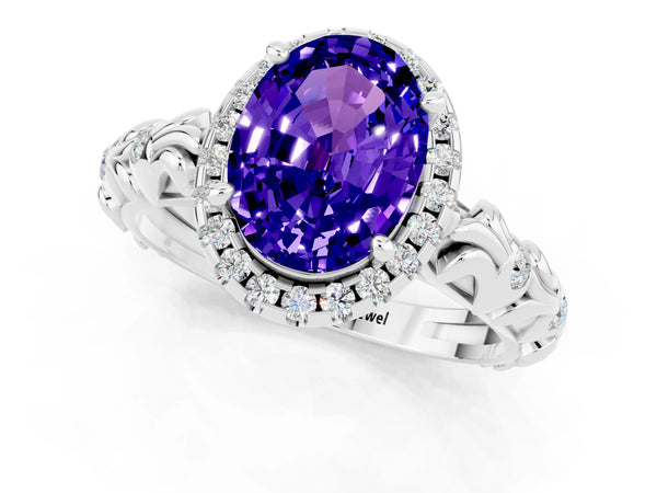 Platinum Oval Cut Tanzanite Halo Ring with Filigree Band and Prong Setting