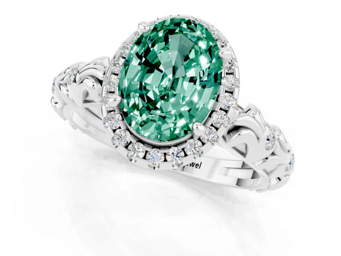 White gold Oval Cut Halo Diamond Solitaire with Filigree Band and Four-Prong Setting_1