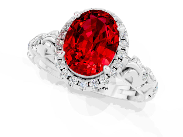 Platinum Oval Cut Ruby Halo Ring with Filigree Band and Prong Setting