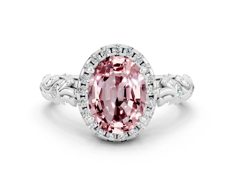 White gold Oval Cut Halo Diamond Solitaire with Filigree Band and Four-Prong Setting