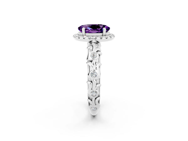 Platinum Oval Cut Amethyst Halo Ring with Filigree Band and Prong Setting