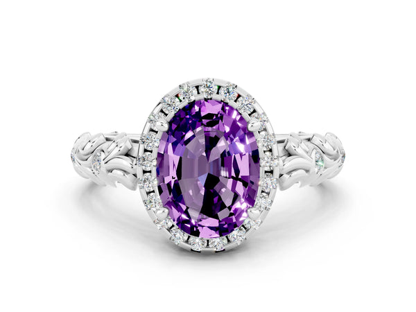 White gold Oval Cut Amethyst Halo Ring with Filigree Band and Prong Setting