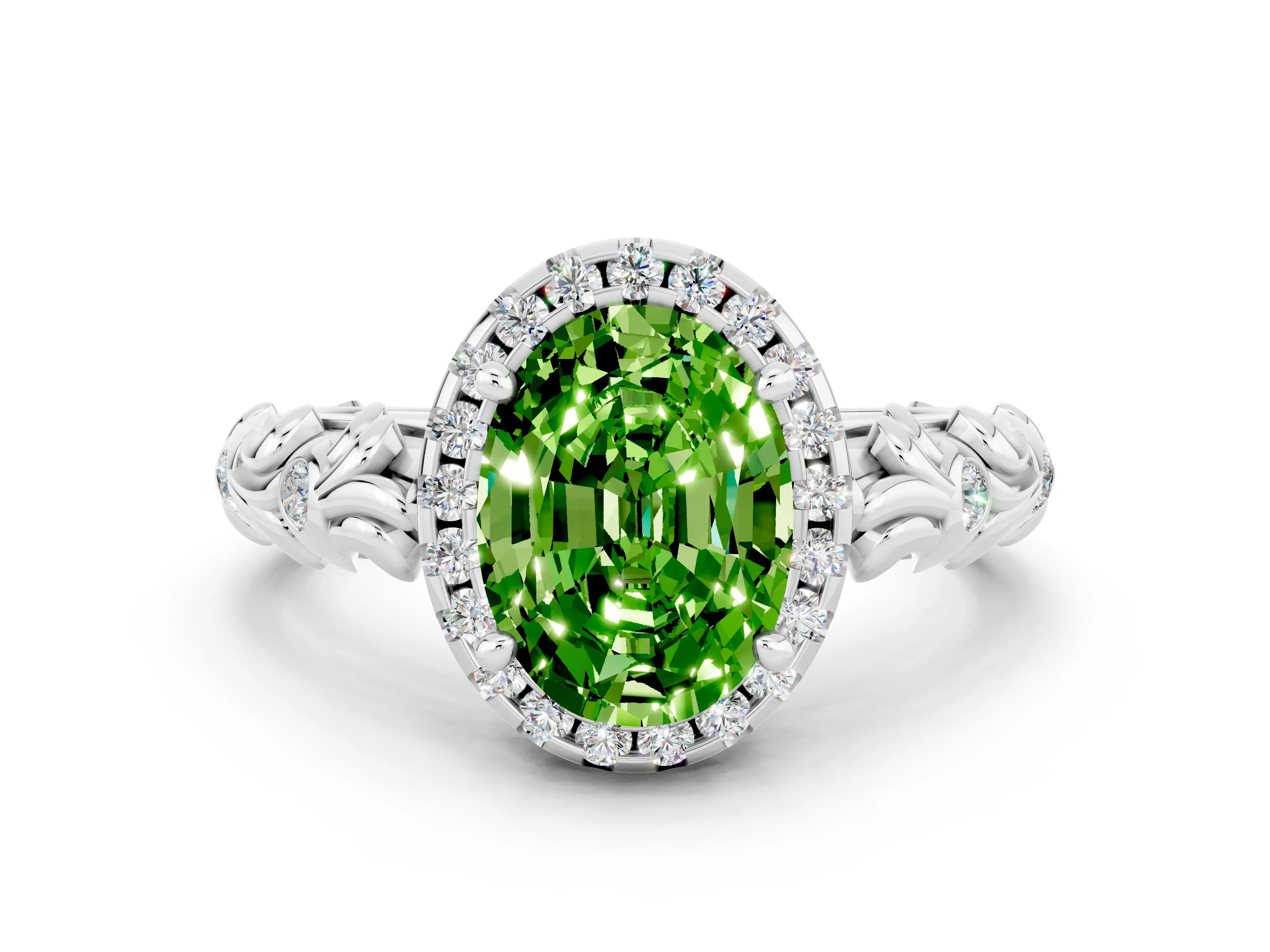 White gold Oval Cut Halo Diamond Solitaire with Filigree Band and Four-Prong Setting