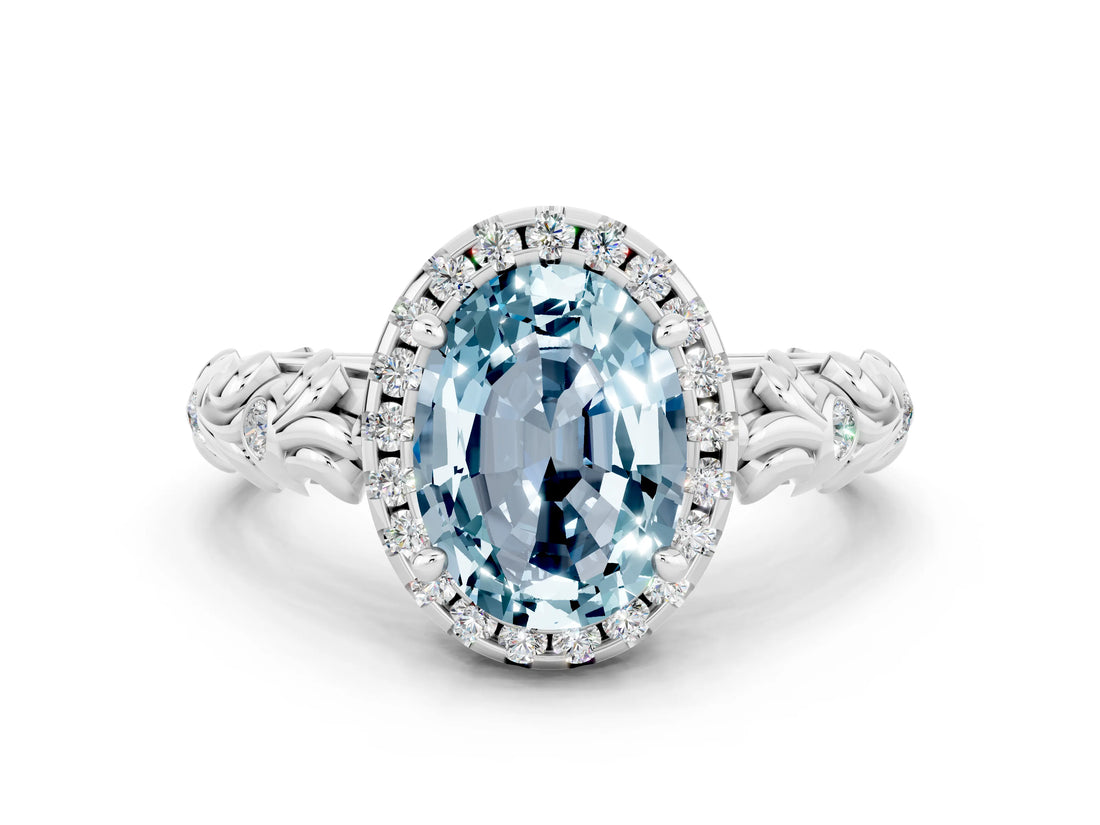 White gold Oval Cut Halo Diamond Solitaire with Filigree Band and Four-Prong Setting