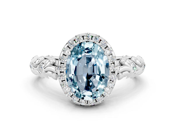 Platinum Oval Cut Aquamarine Halo Ring with Filigree Band and Prong Setting