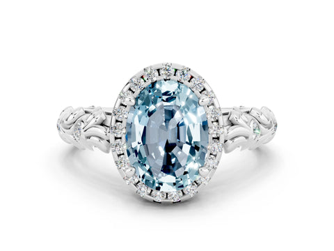 White gold Oval Cut Halo Diamond Solitaire with Filigree Band and Four-Prong Setting
