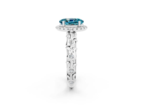 Platinum Oval Cut Halo Diamond Solitaire with Filigree Band and Four-Prong Setting