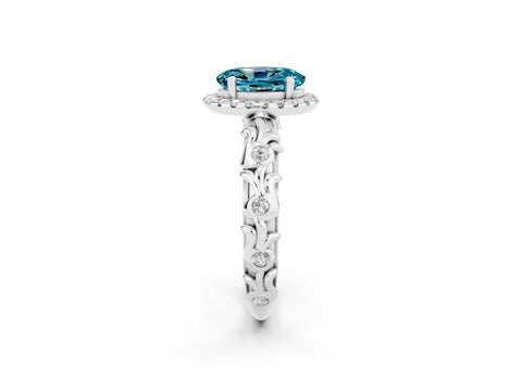 White gold Oval Cut Halo Diamond Solitaire with Filigree Band and Four-Prong Setting_2