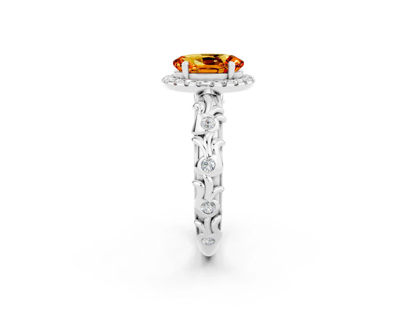 Platinum Oval Cut Citrine Halo Ring with Filigree Band and Prong Setting