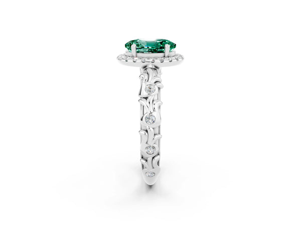 Platinum Oval Cut Green Sapphire Halo Ring with Filigree Band and Prong Setting
