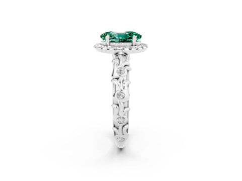 White gold Oval Cut Halo Diamond Solitaire with Filigree Band and Four-Prong Setting_2