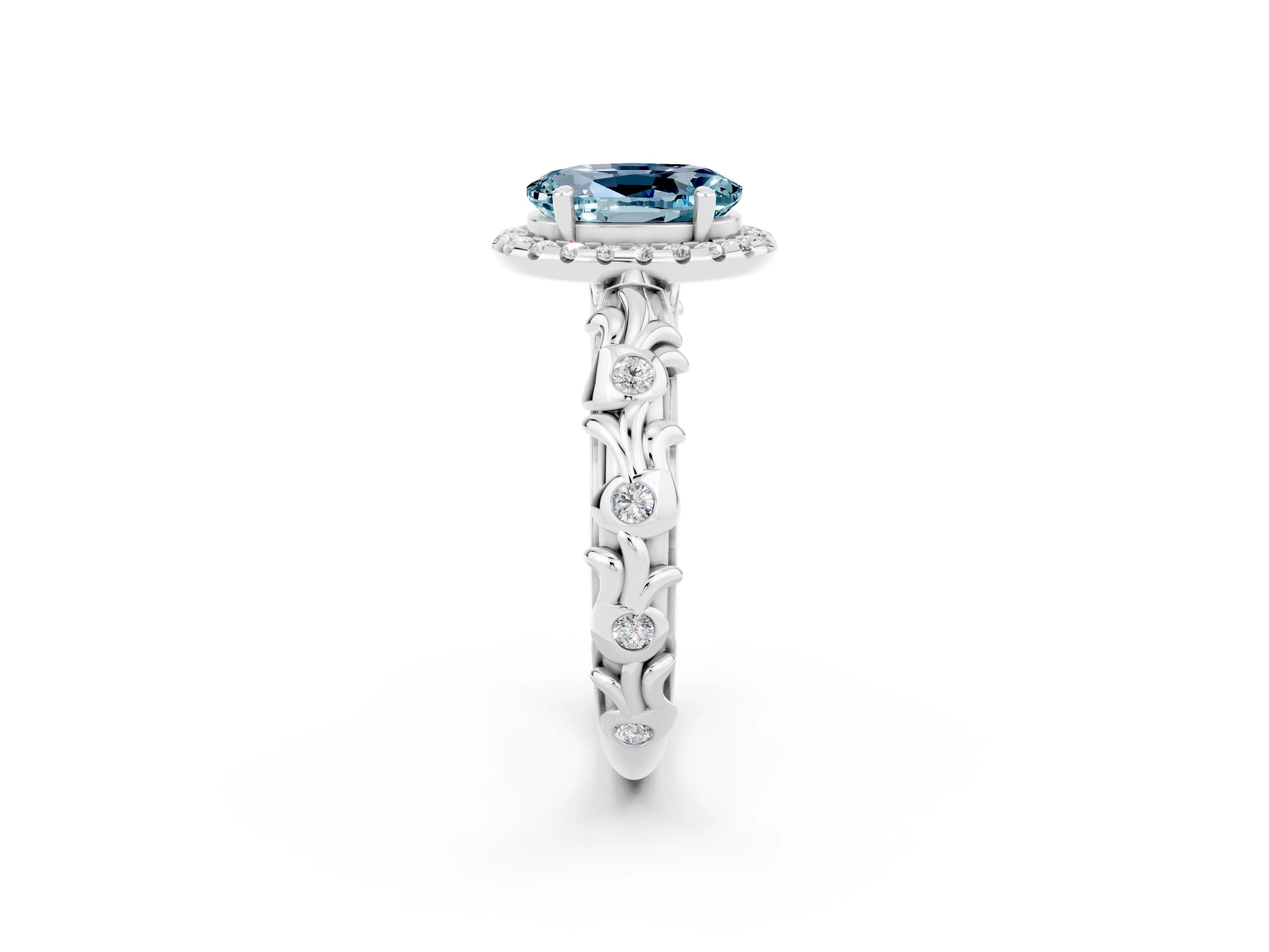 White gold Oval Cut Halo Diamond Solitaire with Filigree Band and Four-Prong Setting_2