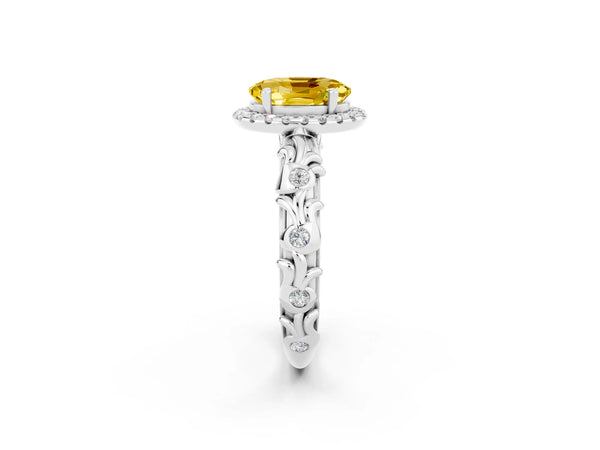Silver Oval Cut Yellow Sapphire Halo Ring with Filigree Band and Prong Setting