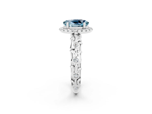 Silver Oval Cut Aquamarine Halo Ring with Filigree Band and Prong Setting