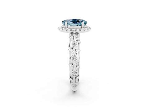 White gold Oval Cut Halo Diamond Solitaire with Filigree Band and Four-Prong Setting_2