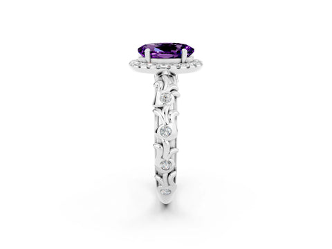 White gold Oval Cut Halo Diamond Solitaire with Filigree Band and Four-Prong Setting_2