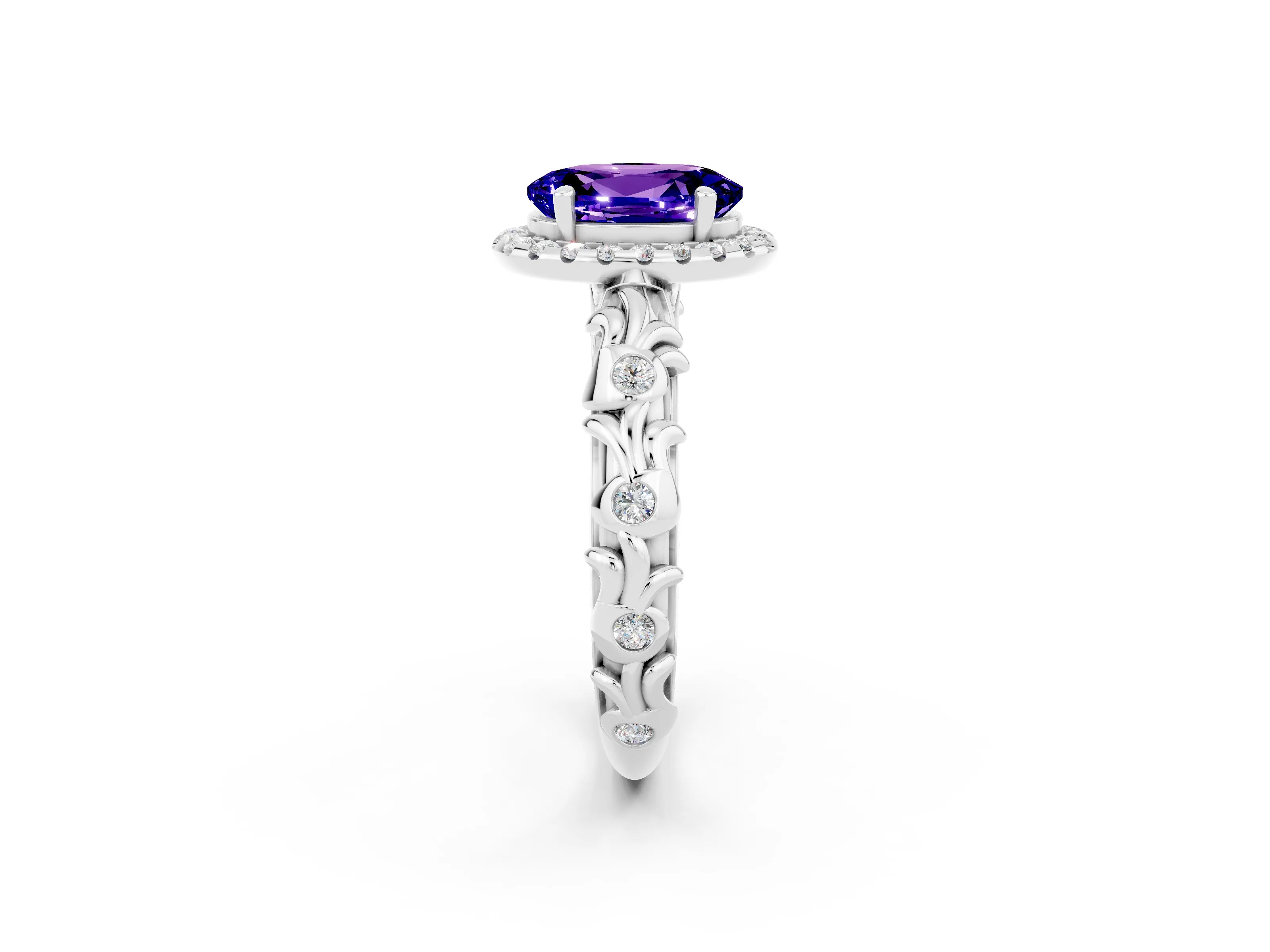 White gold Oval Cut Halo Diamond Solitaire with Filigree Band and Four-Prong Setting_2