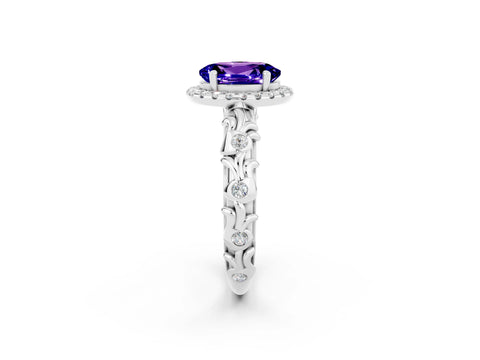 White gold Oval Cut Halo Diamond Solitaire with Filigree Band and Four-Prong Setting_2