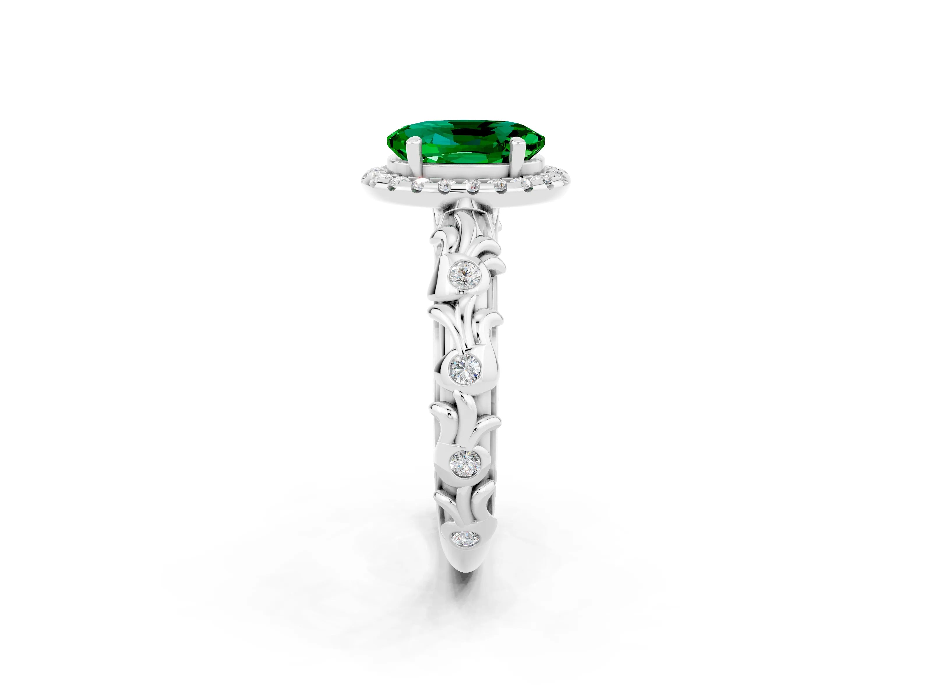 White gold Oval Cut Halo Diamond Solitaire with Filigree Band and Four-Prong Setting_2