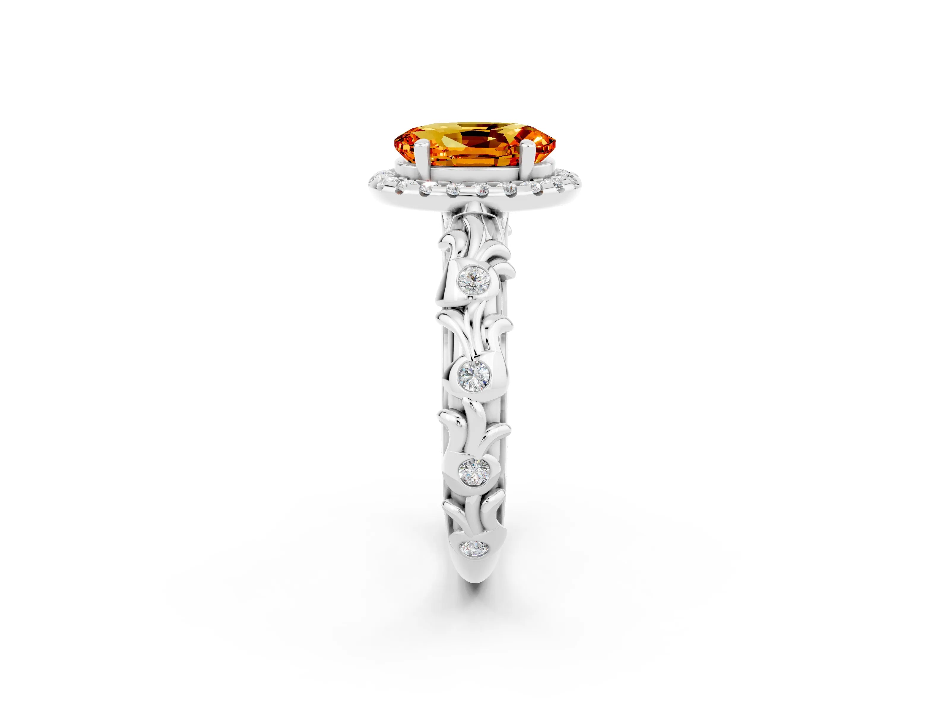 White gold Oval Cut Halo Diamond Solitaire with Filigree Band and Four-Prong Setting_2