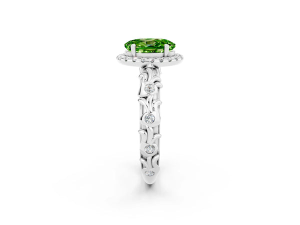 White gold Oval Cut Peridot Halo Ring with Filigree Band and Prong Setting