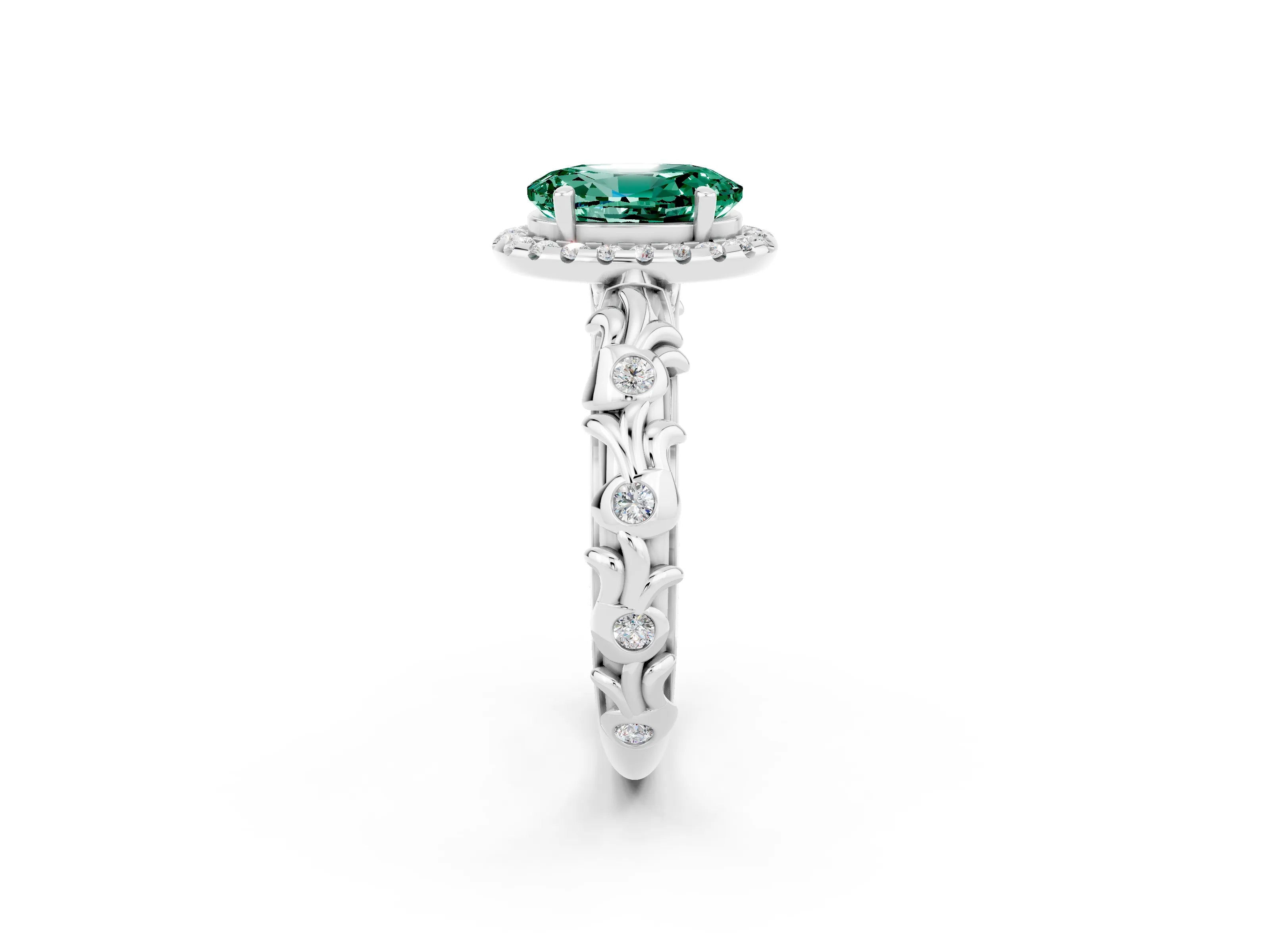 White gold Oval Cut Halo Diamond Solitaire with Filigree Band and Four-Prong Setting_2