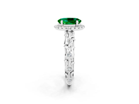 White gold Oval Cut Halo Diamond Solitaire with Filigree Band and Four-Prong Setting_2