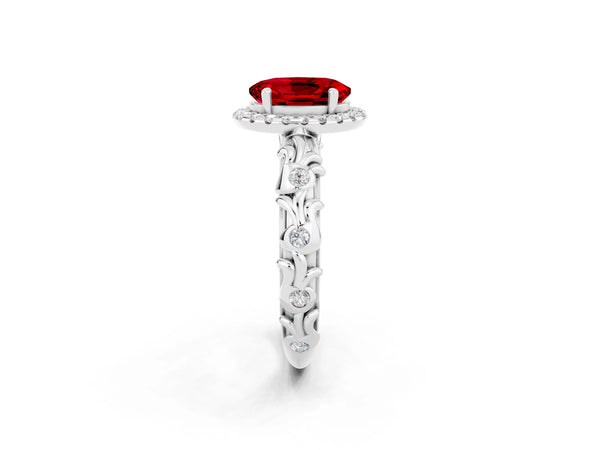 White gold Oval Cut Ruby Halo Ring with Filigree Band and Prong Setting