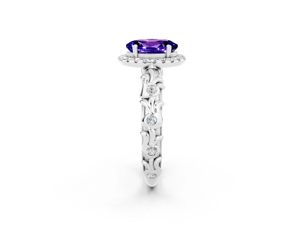 Silver Oval Cut Tanzanite Halo Ring with Filigree Band and Prong Setting