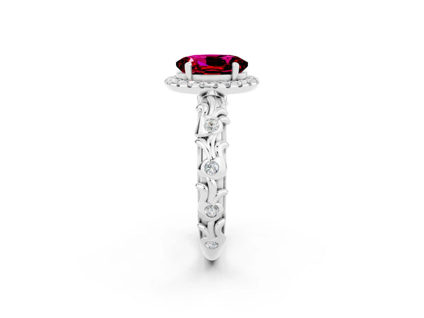 Platinum Oval Cut Garnet Halo Ring with Filigree Band and Prong Setting