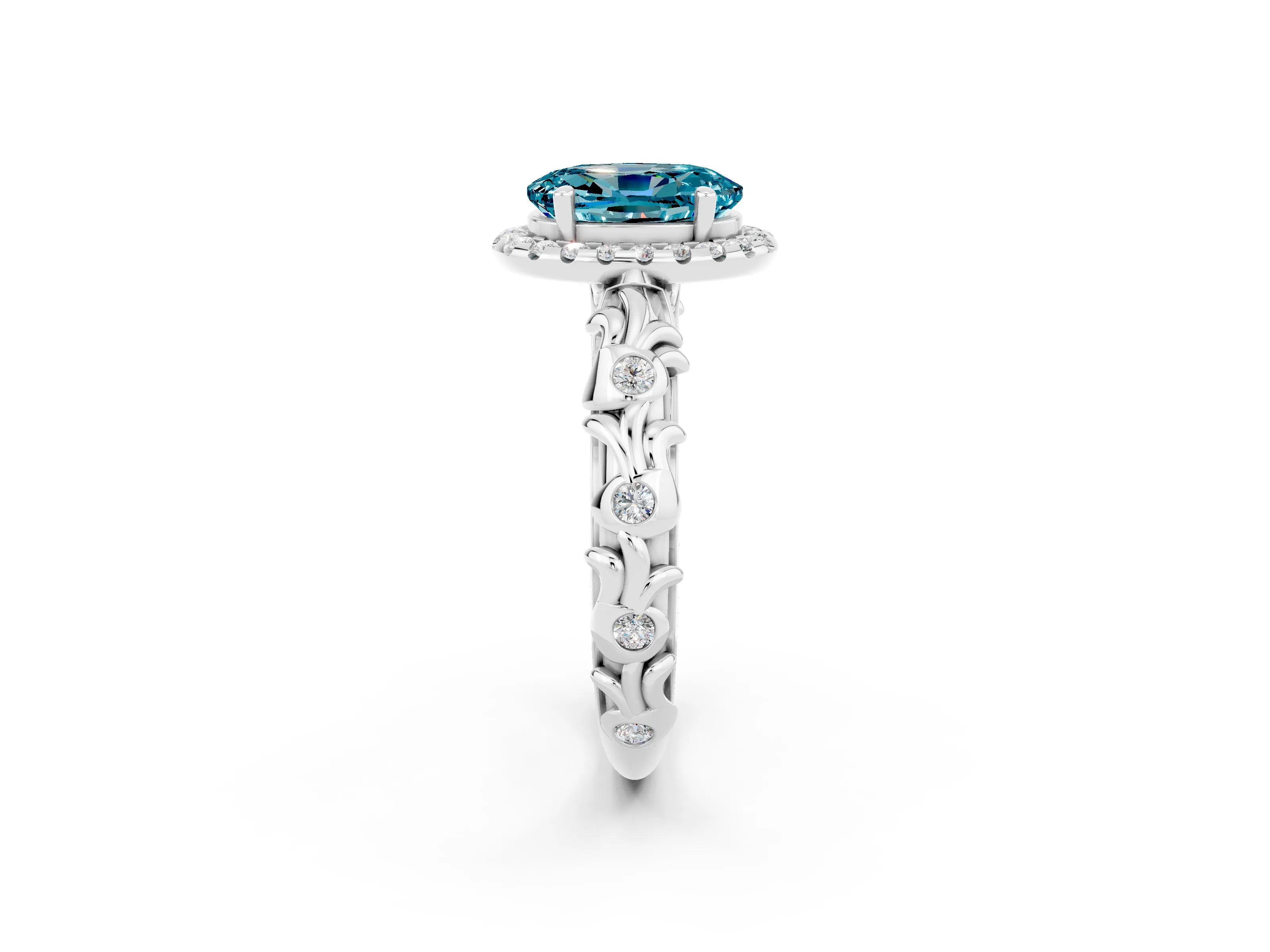 White gold Oval Cut Halo Diamond Solitaire with Filigree Band and Four-Prong Setting_2