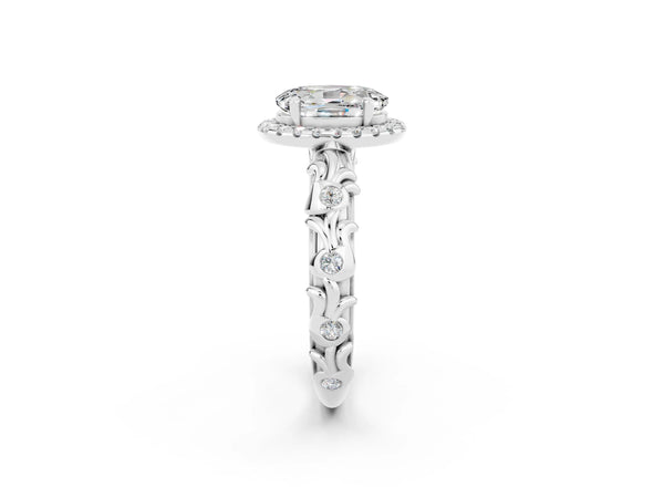 Silver Oval Cut Moissanite Halo Ring with Filigree Band and Prong Setting