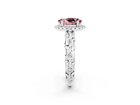 White gold Oval Cut Halo Diamond Solitaire with Filigree Band and Four-Prong Setting_2