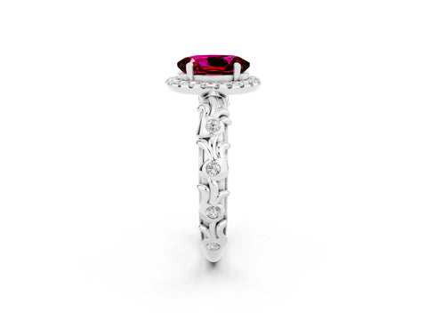 White gold Oval Cut Halo Diamond Solitaire with Filigree Band and Four-Prong Setting_2